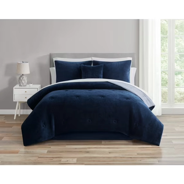 Mainstays 11-Piece Bed in a Bag Comforter Set with Sheets, Navy Microplush, Queen, Unisex