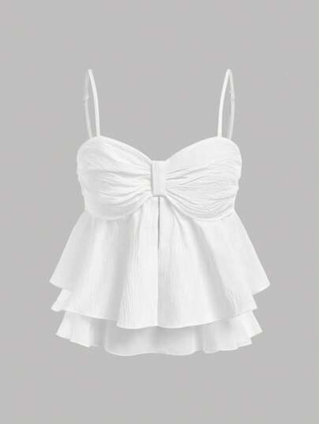 Girlism TEENGIRL Summer White Sweet Pleated Ruffle Trim Camisole Top,Summer Crop Tops