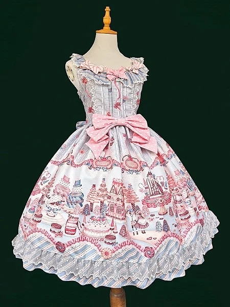 [£56.83]Blue Witch's Candy House Print Bowknots Neckline Sweet Lolita Jumper Skirt
