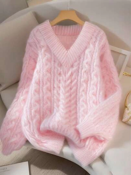 Franclia New Loose Soft Sweet Pink Slouchy Design V-Neck Thick Cable Knit Pullover Sweater For Women, Versatile For Autumn/Winter Fall Cloth For Women