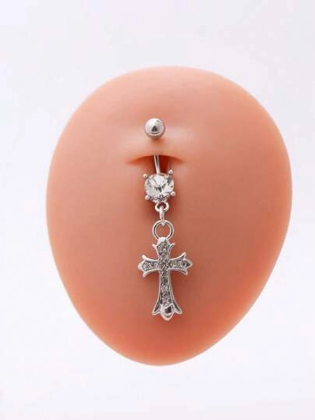 1pc Punk Style Stainless Steel Rhinestone Cross Navel Ring, Body Piercing Jewelry For Women, Suitable For Party And Daily Wear
