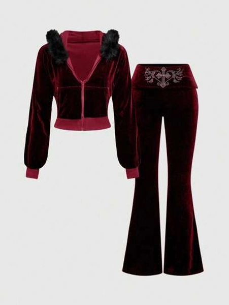 ROMWE Grunge Punk Y2K Velvet Cropped Hoodie And Low-Waist Flare Pants 2Pcs Set For Women