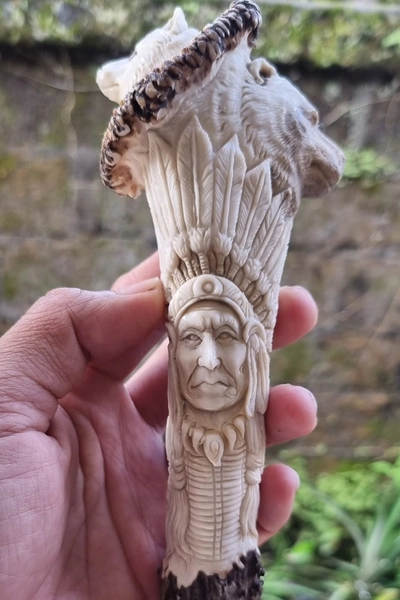 Hand Carved Deer Antler Knife Handle | Native Chief & Spirit Animal Wolf Eagle Bear
