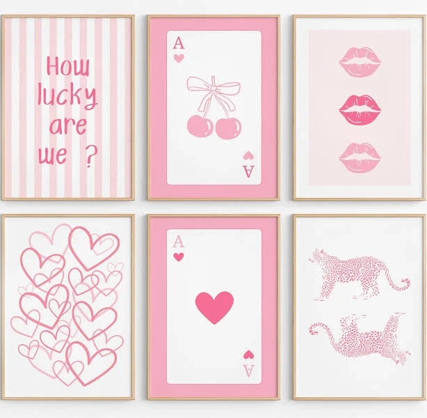 Pink Preppy Prints Set of 6 - Preppy Coquette Wall Art - Lucky Girl Print - Trendy Pink Prints - Girly Room Decor - Digital Download