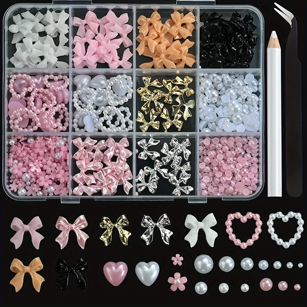 12-grid/box sparkling nail rhinestone accessories, adorned with bowknots, hearts, flowers, and other artistic patterns. A variety of colored nail accessories, as well as a DIY nail set equipped with tweezers and pens, Salon Decorations, Manicure Accessories, Stylish Nail Embellishments, Decorative Nail Pieces, Fine Detailing, Precision Tweezers, Presson Designs, False Nail Tips, Professional Manicurists, Nail Artists