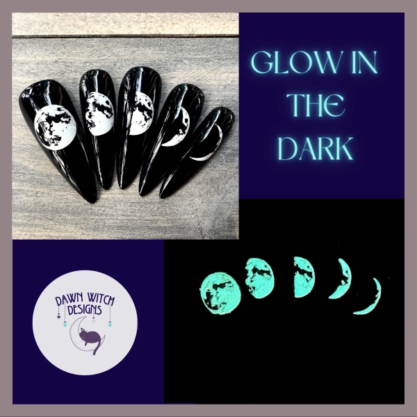 Glow-in-the-Dark Moon Phases Press On Nails | Witchy Halloween Set