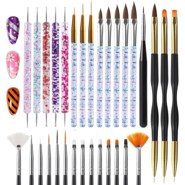 Artdone 31pcs Nail Art Brushes Nail Art Tool Set Dotting Tools Dust Brush,Striping Brushes for Long Lines