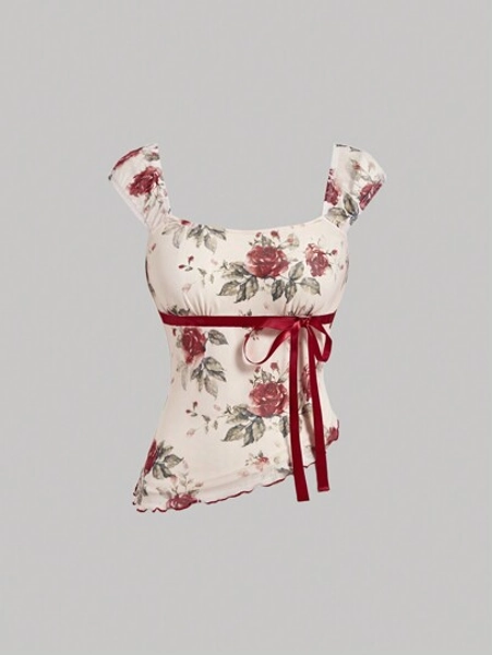 SHEIN MOD Women Elegant Ribbon Decorated Asymmetrical Hem Flower Print Tank Top