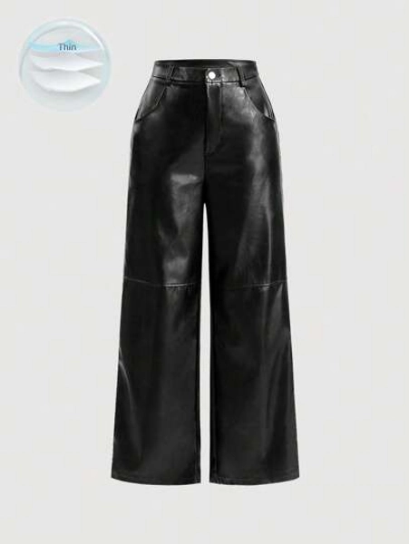 SHEIN X ELOISA & ORSON SHEIN MOD Black Date Night Solid PU Leather Straight Leg Pants