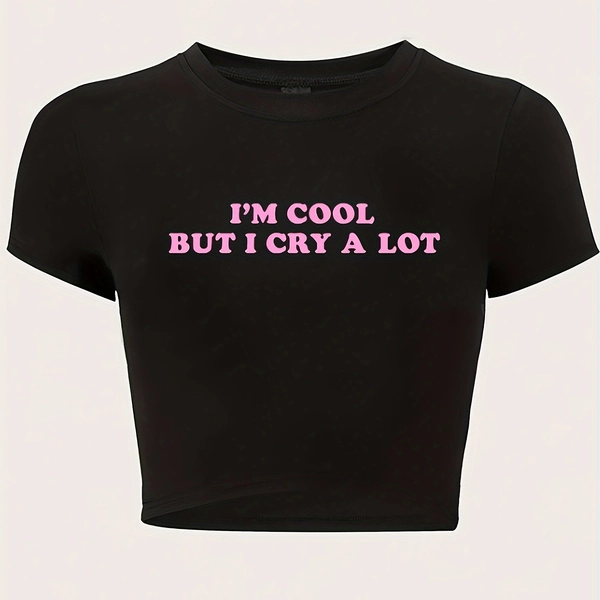 I'm Cool Print Crew Neck T-Shirt, Casual Short Sleeve Top For Spring & Summer, Women's Clothing