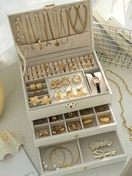 1 Stück 3-stöckige Schmuckaufbewahrungsbox, Uhrenorganizer, Ohrringhalter, Halsketten-Präsentation, Armband-Ablage, Ringkasten, große Kapazität 3-Lagen Schmuckbox mit Schloss, rechteckige Schmuckaufbewahrungsbox für Frauen
