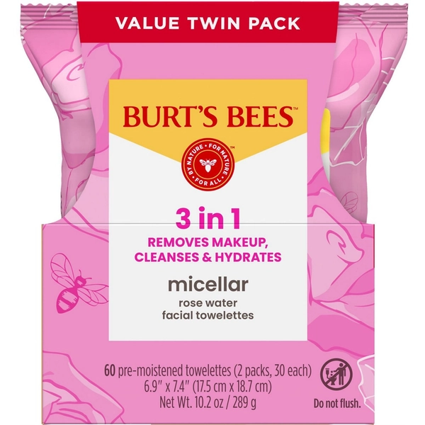 Burt's Bees Micellar Cleansing Towelettes, Rose Water, 30 CT