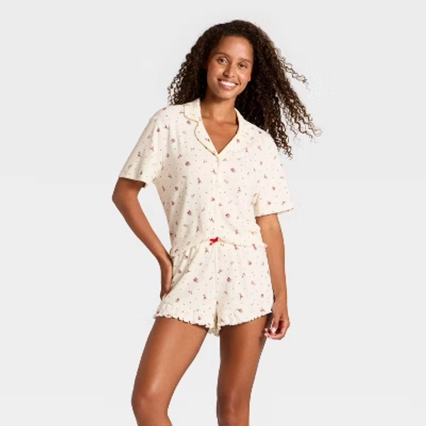 Women's Pointelle Notch Collar Shirt and Shorts Pajama Set - Wild Fable™ Cream Mistletoe XXS