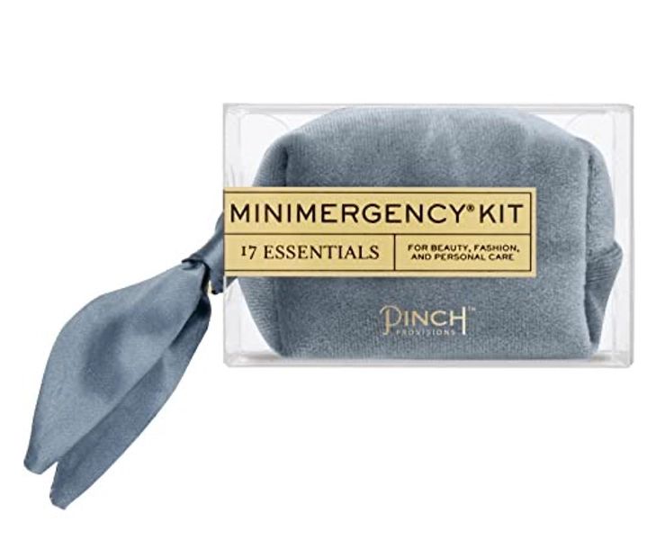 Pinch Provisions Velvet Minimergency Kit, Includes 17 Travel-Sized Cosmetic Essentials, Convenient for Purses, Emergency Beauty Accessories, Gifts for Holiday’s & Birthday’s, Dusty Blue