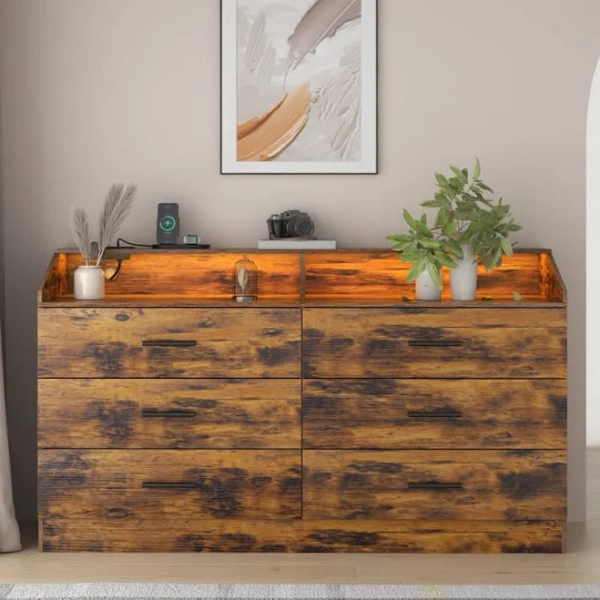 orren ellis Vikky 6 Drawers Dresser with Power Outlet Chest of Drawers with LED Light