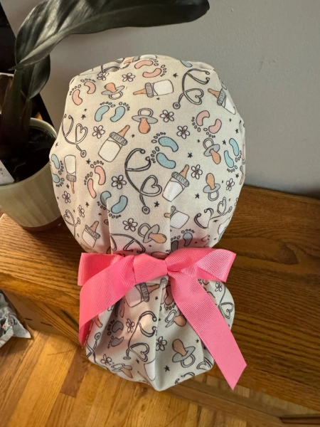 Labor Delivery Scrub Cap-Ponytail Scrub Cap-OB Scrub Cap-Neonatal Scrub Cap-OBGYN Scrub Cap-Nursery Nurse Scrub Cap -ID Badge Holder
