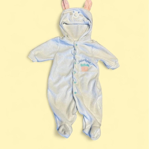 Vintage 80s Peter Rabbit newborn romper with bunny hood  and bunny tail.