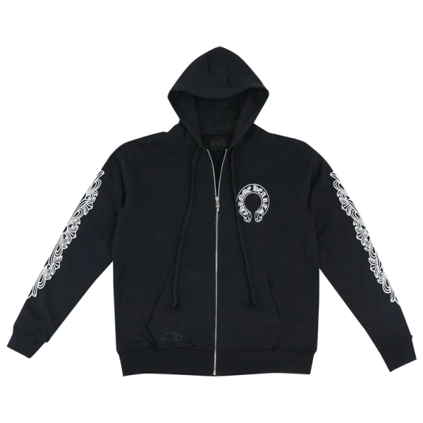 Buy Chrome Hearts Horseshoe Floral Cross-Sleeve Zip Up Hoodie 'Black/White' - 1383 100000106HFCS BLWT | GOAT