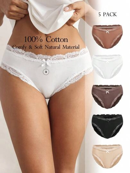 Ocili 5pcs/Pack Chic Autumn Leisure Basic Solid Color Soft Cotton Lace Trim Low Waist Women's Briefs Panties For Women Lace Contrast Lace Women Briefs - Size XL