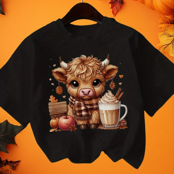 Girls' 100% Autumn Cow & Pumpkin Spice Latte Print T-Shirt - Fall Harvest Halloween Graphic Tee with Cute Highland Cow, Short Sleeve Crew Neck Casual Top for Kids, Cozy Seasonal Outfit & Casual Attire