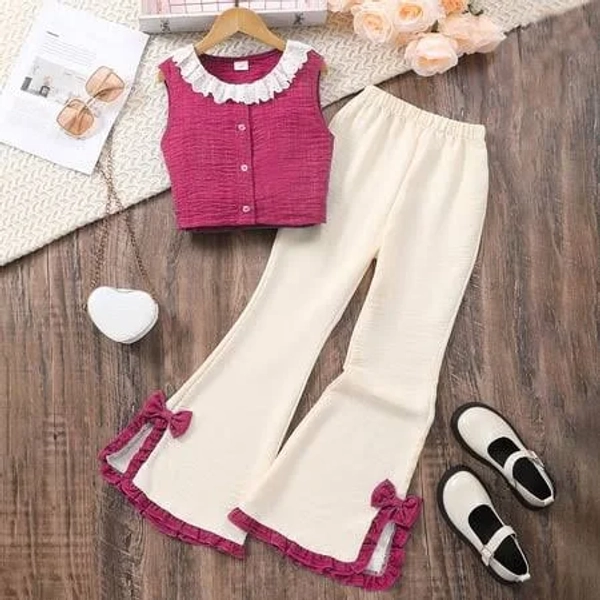 Ulitacool Clothing For Girls Bow Knot Sleeveless Crop Top And Flared Pants Summer Wear Soft Crewneck Outfits 9-10 Years Pink, Girl's