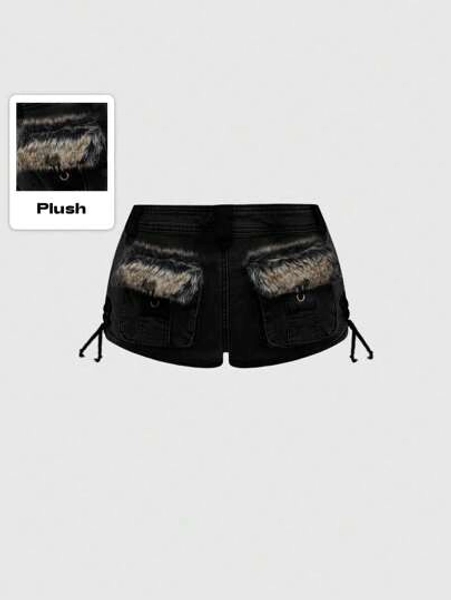 ROMWE Grunge Punk Y2K Kpop Harajuku Gyaru Style Patchwork Furry Super Low Rise Super Low Waist Mini Denim Shorts