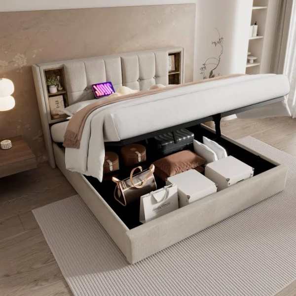 MYBOO Double Ottoman Bed, 4ft6 Double Bed Frame with Storage and USB Tyep-C Wireless Charging, Linen Fabric Ottoman Lift Up Upholstered Bed with