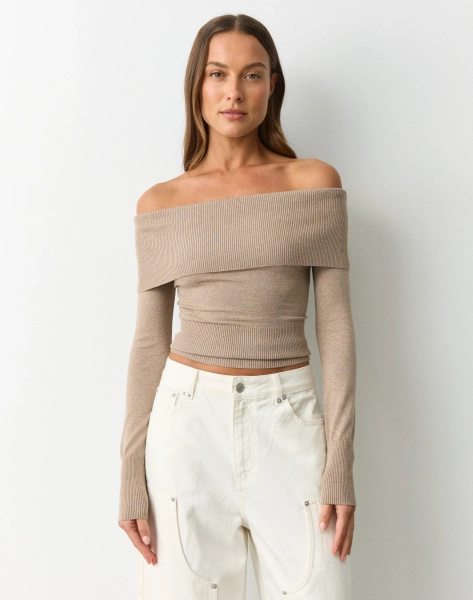 Foldover Off Shoulder Long Sleeve Knit