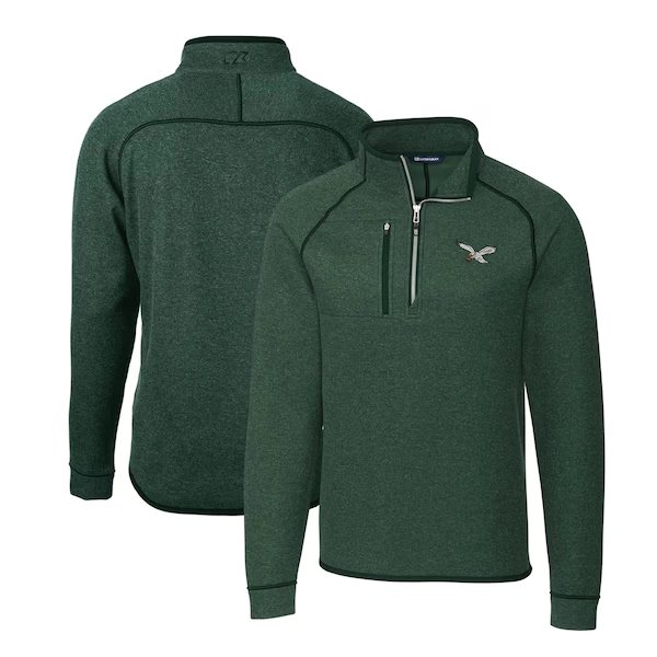 Men's Cutter & Buck  Heather Green Philadelphia Eagles Gridiron Classics Big & Tall Mainsail Sweater-Knit Half-Zip Pullover Jacket