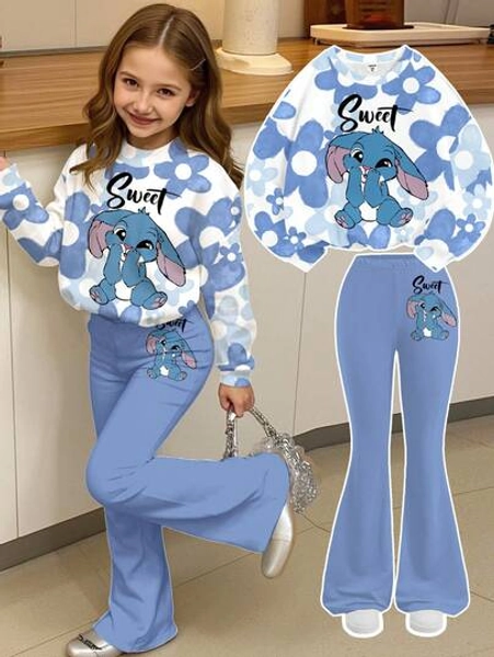 SHEIN 2pcs Young Girl Casual Loose Fit Blue Rabbit Lulu & Ombre Floral Print Crew Neck Long Sleeve Sweatshirt And Flare Pants Set, Suitable For Autumn/Winter, Casual Campus, Outdoor, Street Style