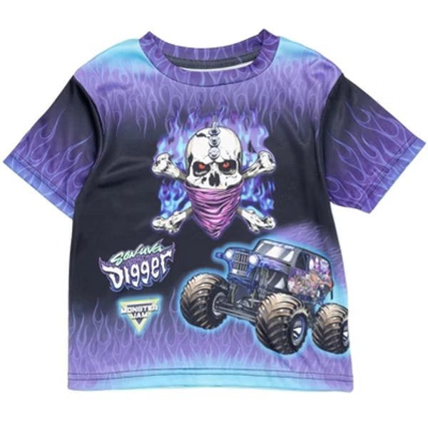 Monster Jam Toddler Boys' Allover Print Skull and Flame Active Short Sleeve Graphic Tee Son uva Digger Blue 4T