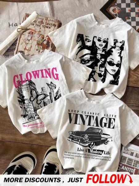 SHEIN 3pcs/Set Teen Girl Casual Vintage Car, Castle, Butterfly, Cool Girl Graphic Print Loose Fit Round Neck Short Sleeve T-Shirts, Suitable For Summer, School, Campus, College