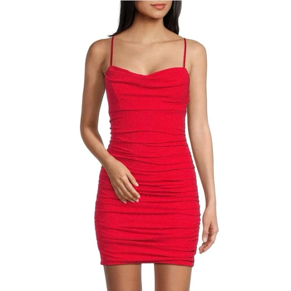 Honey and Rosie Women's Adjustable Spaghetti Strap Cowl Neck Fitted Shirred Homecoming