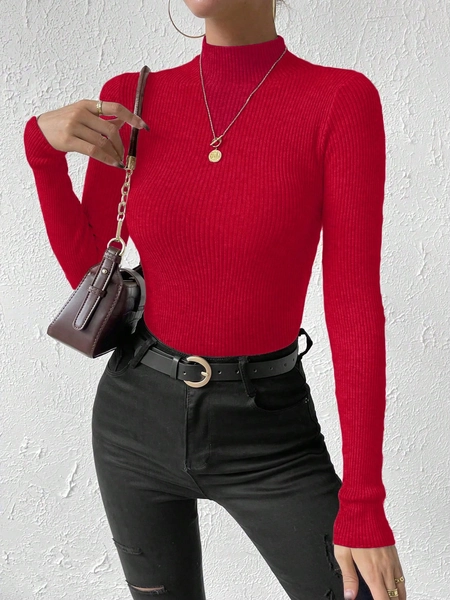 Almamuse Women's Solid Color Stand Collar Long Sleeve Fitted Sweater, Autumn/Winter