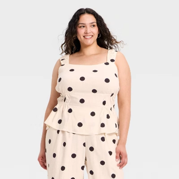 Women's Ruched Printed Linen Top - A New Day™ Off-White Polka Dots 3X