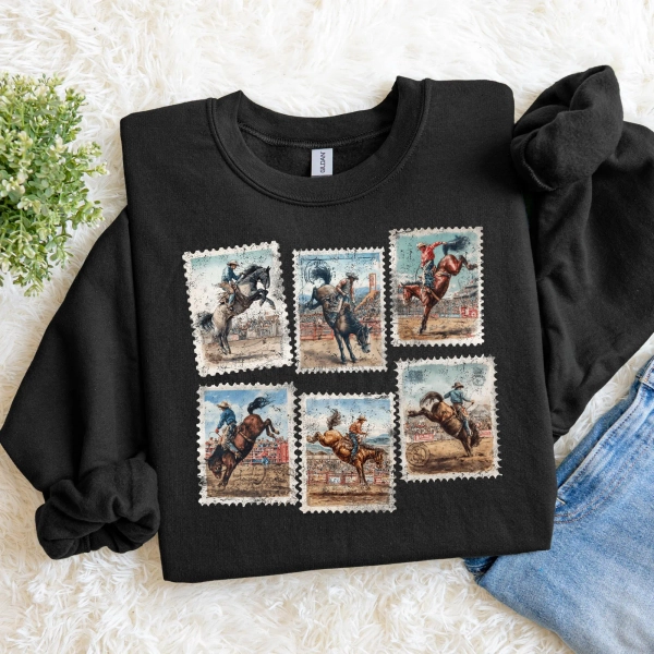 Rodeo Sweatshirt Bucking Horse, Western Cowboy Crewneck, Vintage Rodeo Stamp Sweater, Country Cowgirl Sweatshirt, Rustic Western Gift