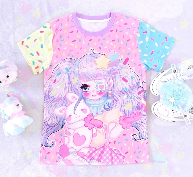Sprinkles girl - Unisex T-shirt - (Eco-friendly fabric) cute kawaii bunny, candy anime girl, yume kawaii, fairy kei, sweet pastel pink - ET5