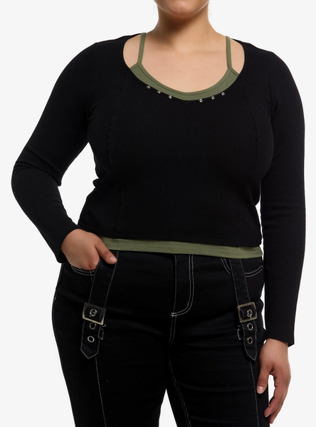 Black & Green Tank Girls Twofer Long-Sleeve Top Plus Size
