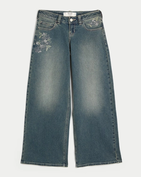 Hollister Andi Adjustable Waist Ultra Low-Rise Medium Wash Floral Embroidery Super Baggy Jeans
