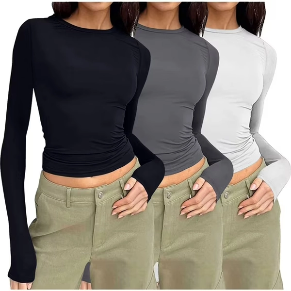 Coorders No Boundaries Everyday Tee, Scoop Neck Long Sleeve Shirts for Women, Slim Round Neck Fitted T Shirts Womens Tops Tee,3 Pack,Black/Dark Gray/White,M