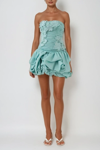 Batsheva Strapless Flower Ruch Puffy Mini Dress