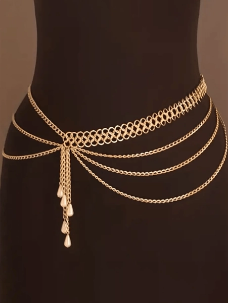 17KM Multi-Layer Boho Waist Chain Vintage Geometric Faux Pearl Pendant Fringe Chain Belt Golden Decorative Christmas Party Dress Jewelry For Women