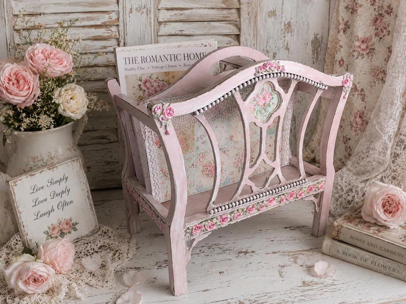 Vtg Rachel Ashwell Style Handpainted Shabby Chic Pink Rose Wood Magazine Holder