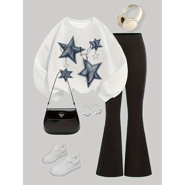 Highly Rated Girls' Fashion Outdoor 2pcs Set Denim Star Print White Long Sleeve Top+ Black Slim Fit Versatile Letter Heat Transfer Pants Sunshine Elegant Soft Material Fashionable Skin-Friendly Delicate Touch Suitable for Outdoors