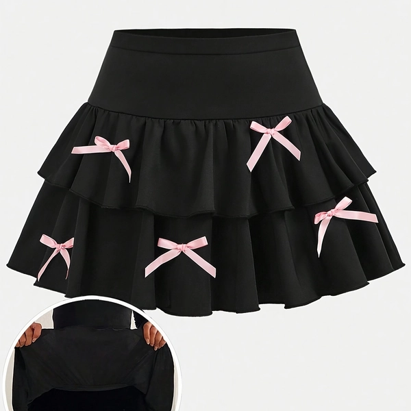 A Stylish Black High-Waisted Double-Layer Ruffled Skirt for Teenage Girls, Featuring a Two-Layer Ruffle Design, Perfect for Casual Outings, Dates, Or School Wear, Making It an Ideal Gift Choice., For Teenager, For Teenager