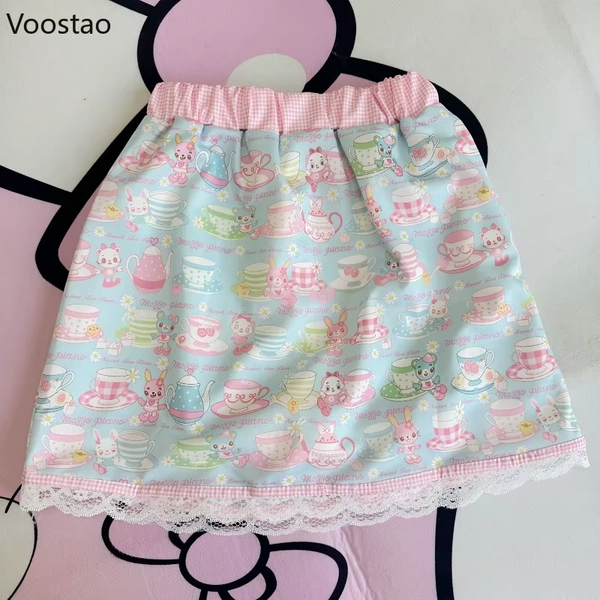 Japanese Sweet Lolita Style Princess Skirt Women Kawaii Cartoon Bunny Bear Print Lace Ruffles Mini Skirts Girls Y2k Short Skirts - AliExpress 200000345