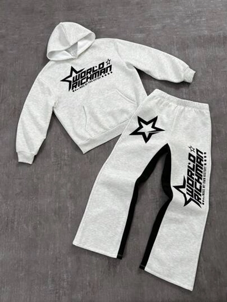SHEIN 2pcs/Set Teenage Boy Loose Casual Pattern Hoodie And Sweatpants Set