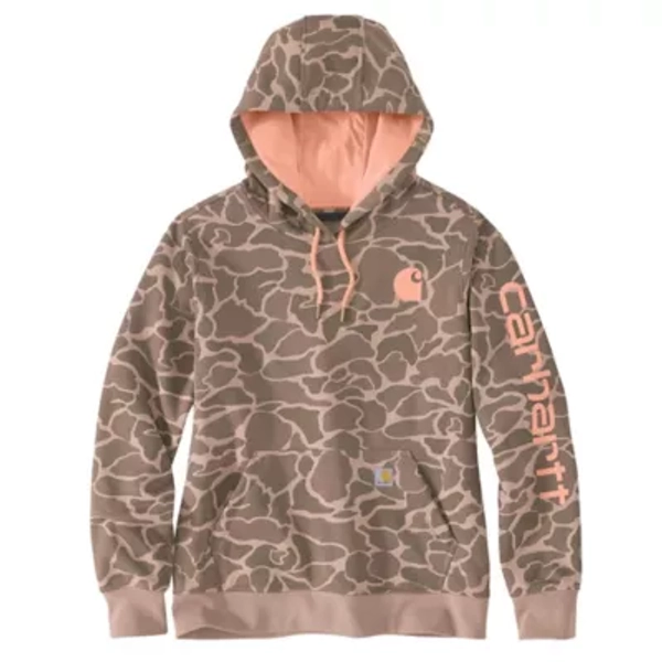 Carhartt Women's Relaxed Fit Midweight Logo Sleeve Graphic Printed Sweatshirt - Soft Sepia Vintage Camo,S