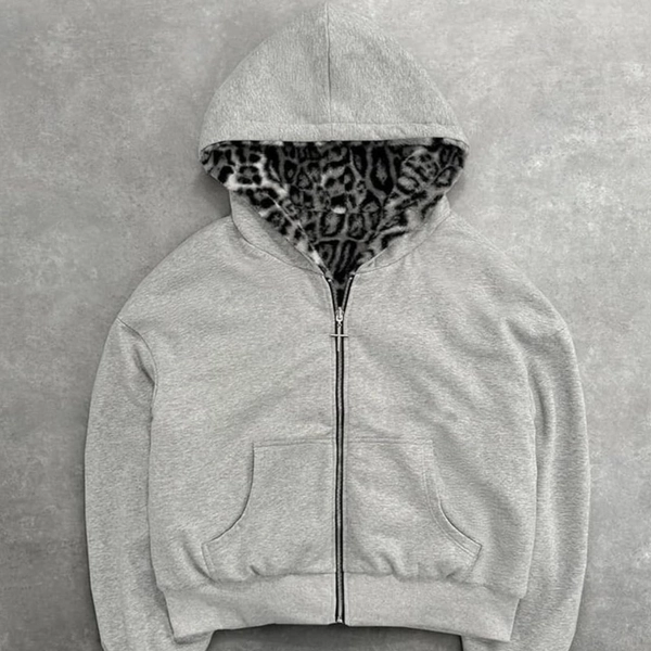 Grey and black cheetah print zip-up hoodie , TRY ON...