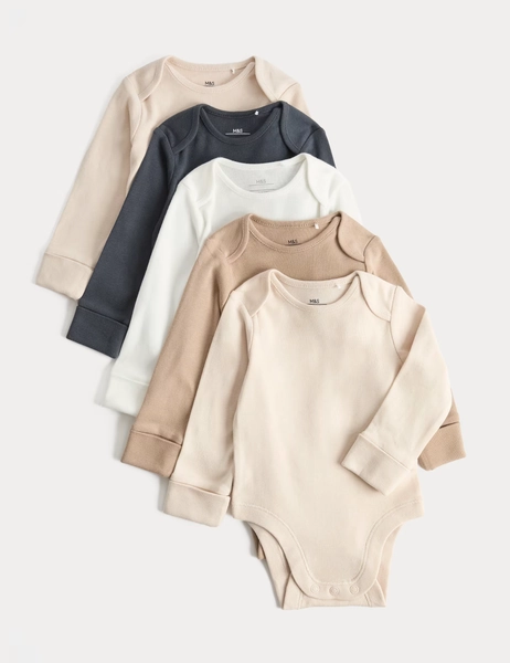 3-6 Months - 5 Pack Pure Cotton Plain Long Sleeve Bodysuits